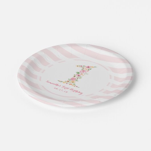 水彩ピンクフローラワン第1誕生日 ペーパープレート (アングル)