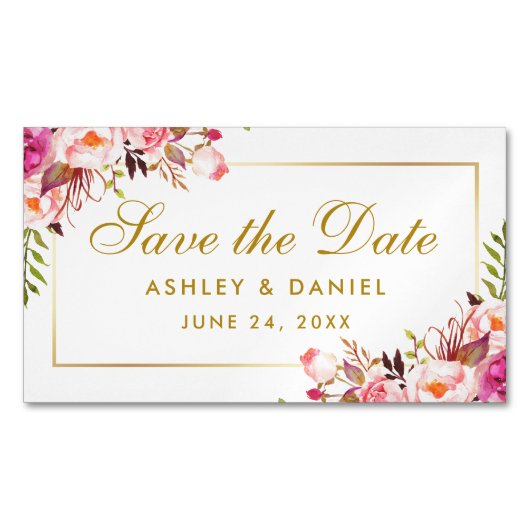 水彩ピンクフローラ保存日付ミニマグネット マグネット名刺 (正面)