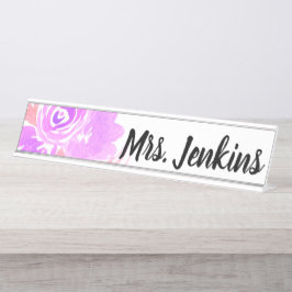 水彩ピンクフローラ先生デスク名プレート デスクネームプレート