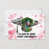 水彩ピンクフローラ卒業写真コラージュ サンキューカード (正面)