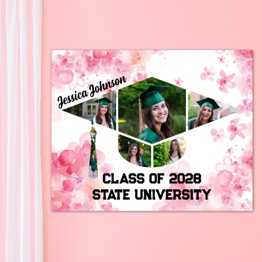 水彩ピンクフローラ卒業写真コラージュ ポスター