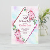 水彩ピンクフローラ幾何学模様50誕生日 招待状 (スタンド正面)