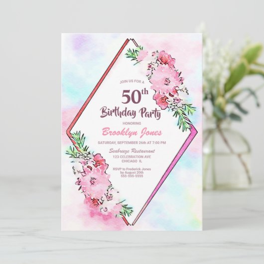 水彩ピンクフローラ幾何学模様50誕生日 招待状 (スタンド正面)