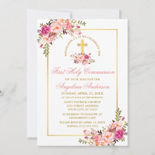 水彩ピンクフローラ最初のコミュニティ金ゴールドフレーム 招待状 (正面)