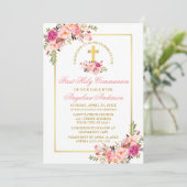 水彩ピンクフローラ最初のコミュニティ金ゴールドフレーム 招待状 (スタンド正面)
