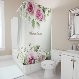 水彩ピンクフローラ枠光沢ブロンズエレガント シャワーカーテン