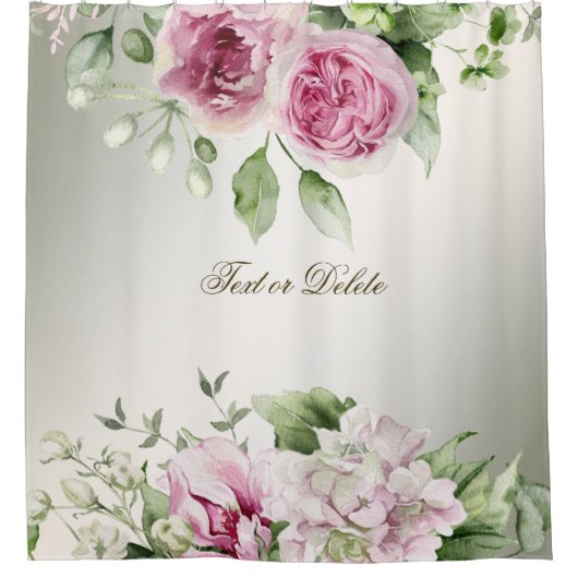 水彩ピンクフローラ枠光沢ブロンズエレガント シャワーカーテン (正面)