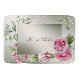 水彩ピンクフローラ枠光沢ブロンズエレガント バスマット