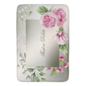 水彩ピンクフローラ枠光沢ブロンズエレガント バスマット (正面縦)