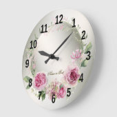 水彩ピンクフローラ枠光沢ブロンズエレガント ラージ壁時計 (傾斜)