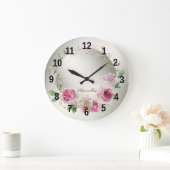 水彩ピンクフローラ枠光沢ブロンズエレガント ラージ壁時計 (ホーム)