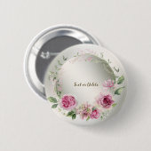 水彩ピンクフローラ枠光沢ブロンズエレガント 缶バッジ (正面&裏面)