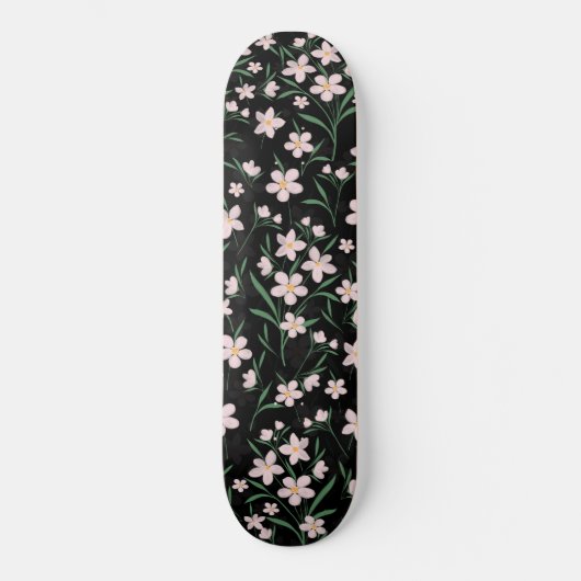 水彩ピンクフローラ植物黒パターン スケートボード (正面)