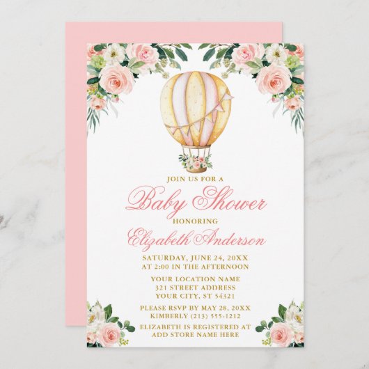 水彩ピンクフローラ熱気球ベビーシャワー 招待状 (正面/裏面)