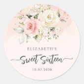 水彩ピンクフローラ甘い16誕生日パーティー ラウンドシール (正面)