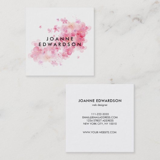 水彩ピンクフローラ白プロフェッショナル スクエア名刺 (正面/裏面)