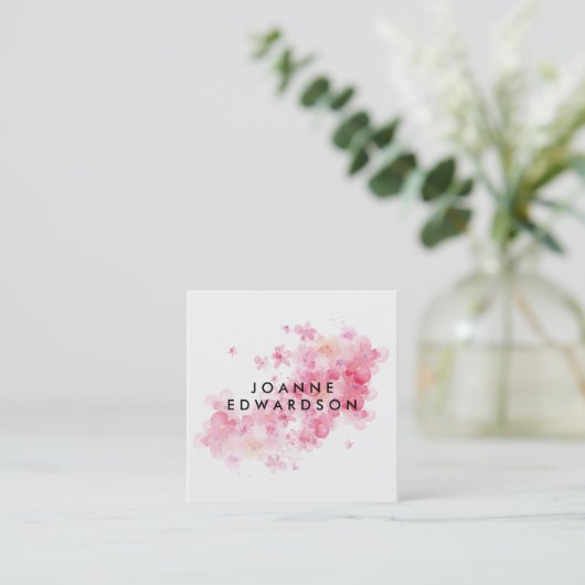 水彩ピンクフローラ白プロフェッショナル スクエア名刺 (スタンド正面)