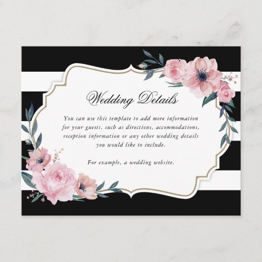 水彩ピンクフローラ白黒結婚の詳細 エンクロージャーカード (正面)