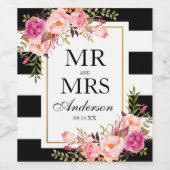 水彩ピンクフローラ白黒 ストライプの ワインラベル (シングルラベル)