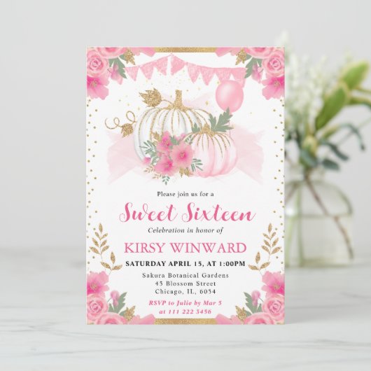 水彩ピンクフローラ秋カボチャ甘い16 招待状 (スタンド正面)
