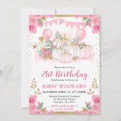 水彩ピンクフローラ秋カボチャ誕生日 招待状 (正面)