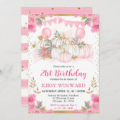 水彩ピンクフローラ秋カボチャ誕生日 招待状 (正面/裏面)