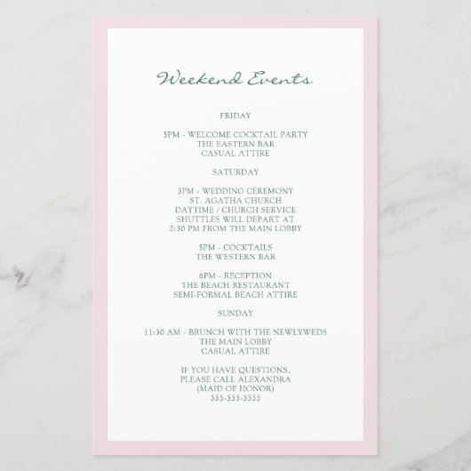 水彩ピンクフローラ結婚のウェルカム旅程 (裏面)