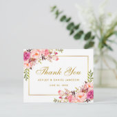 水彩ピンクフローラ結婚の金ゴールドありがとう ポストカード (スタンド正面)