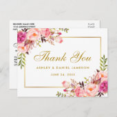 水彩ピンクフローラ結婚の金ゴールドありがとう ポストカード (正面/裏面)