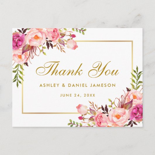 水彩ピンクフローラ結婚の金ゴールドありがとう ポストカード (正面)
