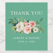 水彩ピンクフローラ結婚ズネオミント ワインラベル (シングルラベル)