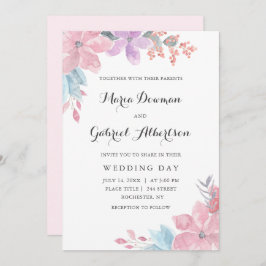 水彩ピンクフローラ結婚ズ。赤面園 招待状