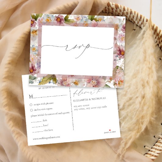 水彩ピンクフローラ結婚式RSVPはがき インビテーションポストカード