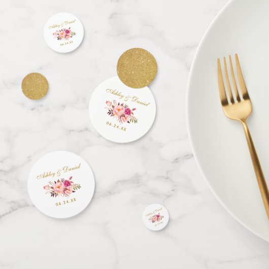 水彩ピンクフローラ結婚金ゴールドグリッター コンフェッティ (グループ)