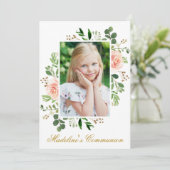 水彩ピンクフローラ緑の写真共有 招待状 (スタンド正面)