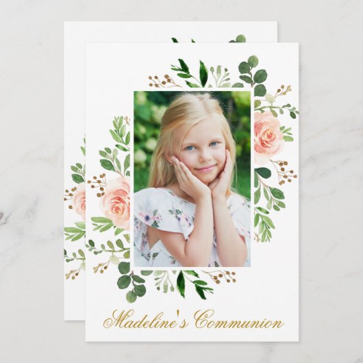 水彩ピンクフローラ緑の写真共有 招待状 (正面/裏面)