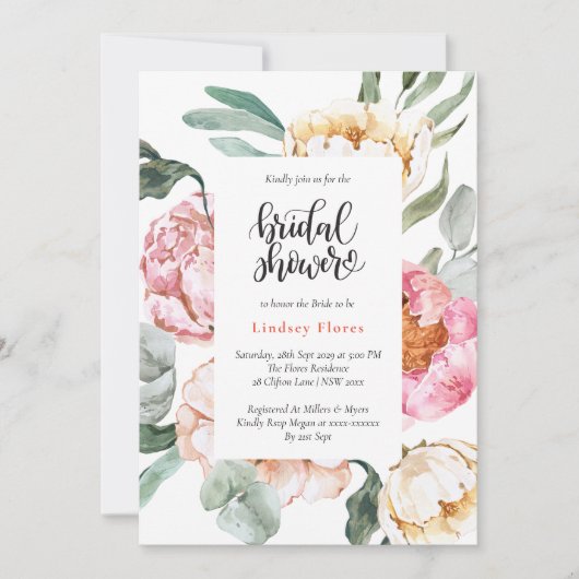 水彩ピンクフローラ緑ブライダルシャワー 招待状 (正面)