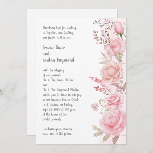 水彩ピンクフローラ縁ど結婚式招待状 招待状 (正面/裏面)