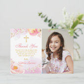 水彩ピンクフローラ聖体拝領 招待状 (スタンド正面)