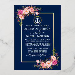 水彩ピンクフローラ航海のいかりブルー金ゴールド 箔招待状
