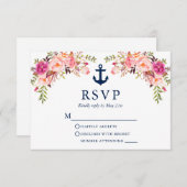 水彩ピンクフローラ航海のいかり結婚ズ 出欠カード (正面/裏面)