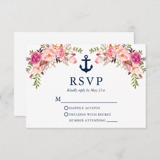 水彩ピンクフローラ航海のいかり結婚ズ 出欠カード (正面/裏面)