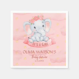 水彩ピンクフローラ象ガールベビーシャワー スタンダードカクテルナプキン