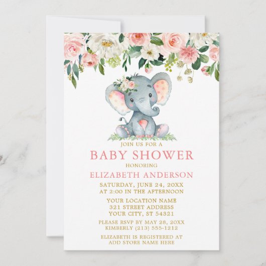 水彩ピンクフローラ赤ちゃんシャワーエレファント金ゴールド 招待状 (正面)