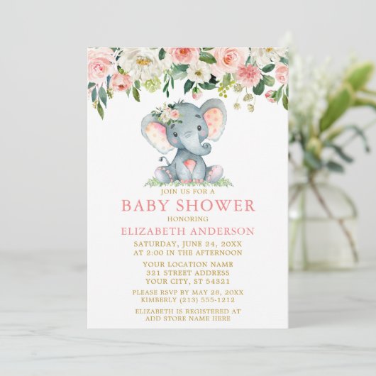 水彩ピンクフローラ赤ちゃんシャワーエレファント金ゴールド 招待状 (スタンド正面)