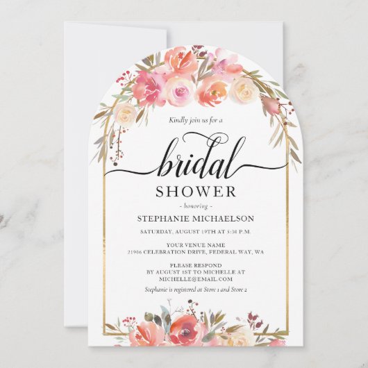 水彩ピンクフローラ金ゴールドアーチブライダルシャワー 招待状 (正面)
