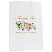 水彩ピンクフローラ金ゴールドエレガント有難う ミディアムペーパーバッグ (正面)