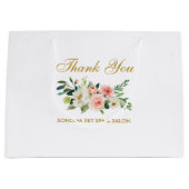 水彩ピンクフローラ金ゴールドエレガント有難う ラージペーパーバッグ (正面)