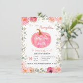 水彩ピンクフローラ金ゴールドカボチャ1st誕生日 招待状 (スタンド正面)