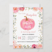 水彩ピンクフローラ金ゴールドカボチャ1st誕生日 招待状 (正面)